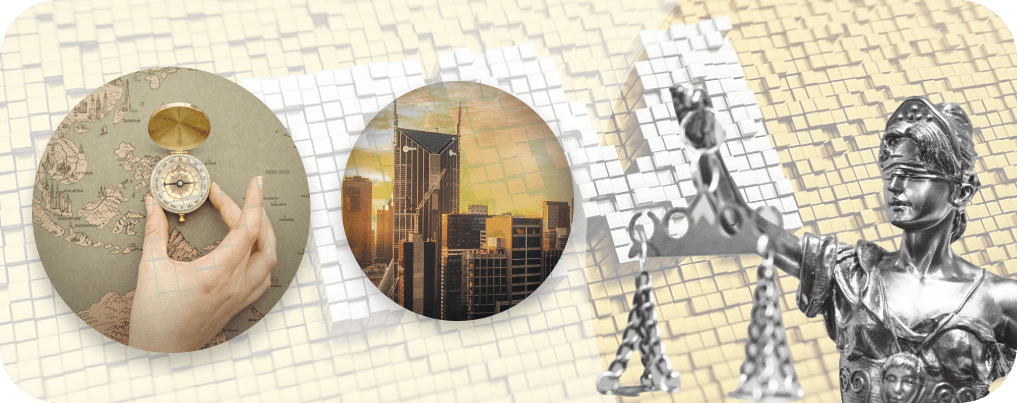 Compass on a map, a city skyline and the scales of justice